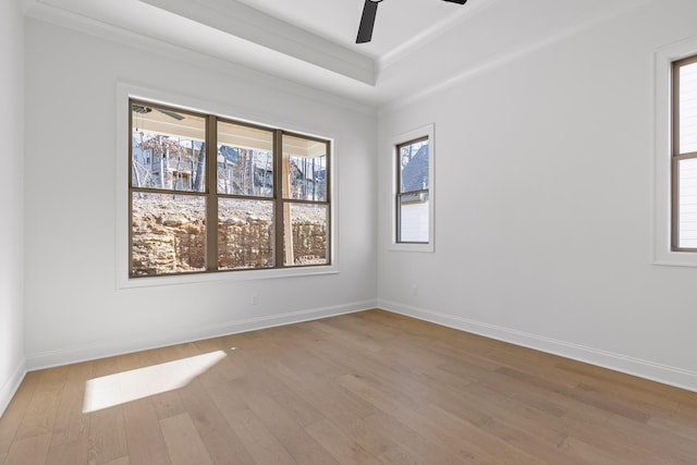 spare room with light wood finished floors, plenty of natural light, baseboards, and ceiling fan