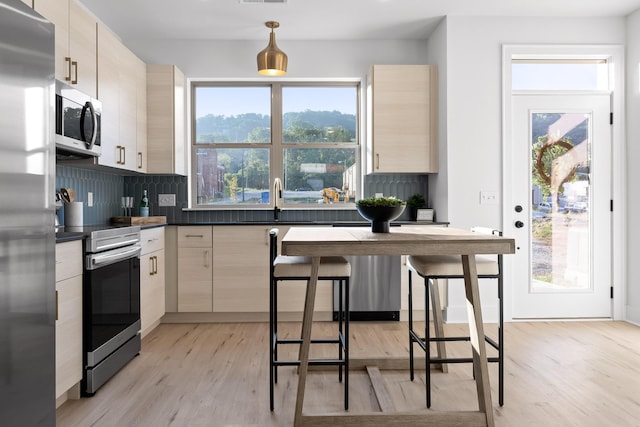 kitchen featuring light wood finished floors, stainless steel appliances, dark countertops, a wealth of natural light, and decorative backsplash