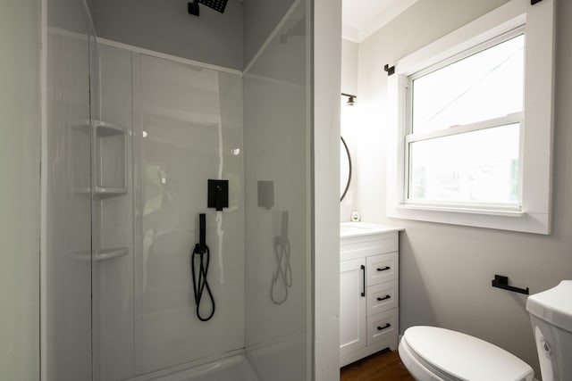 bathroom featuring vanity, toilet, and a shower with door