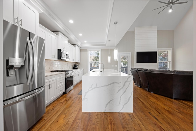 kitchen with appliances with stainless steel finishes, tasteful backsplash, white cabinetry, hanging light fixtures, and an island with sink