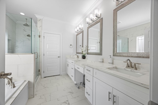 bathroom with separate shower and tub, vanity, and ornamental molding