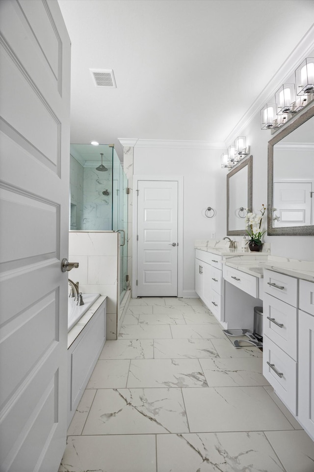 bathroom with ornamental molding, vanity, and independent shower and bath