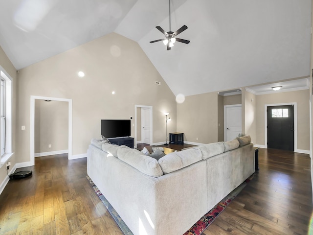 living room featuring ceiling fan, dark wood-type flooring, and high vaulted ceiling