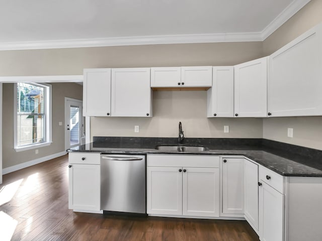 kitchen featuring sink, dark stone countertops, dishwasher, dark hardwood / wood-style floors, and white cabinetry