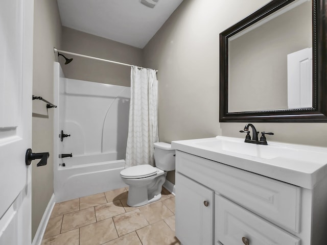 full bathroom with vanity, tile patterned flooring, shower / bathtub combination with curtain, and toilet