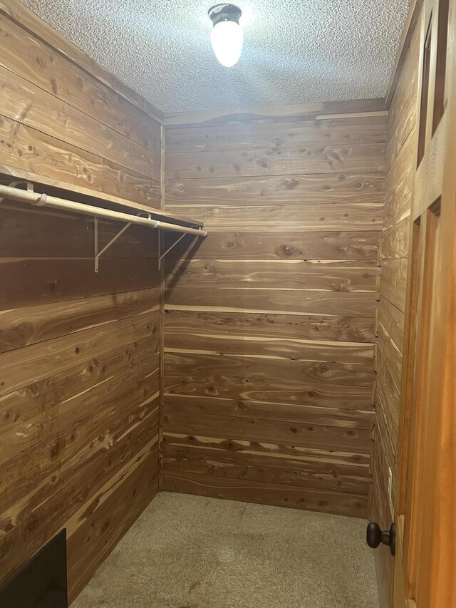 walk in closet with dark colored carpet