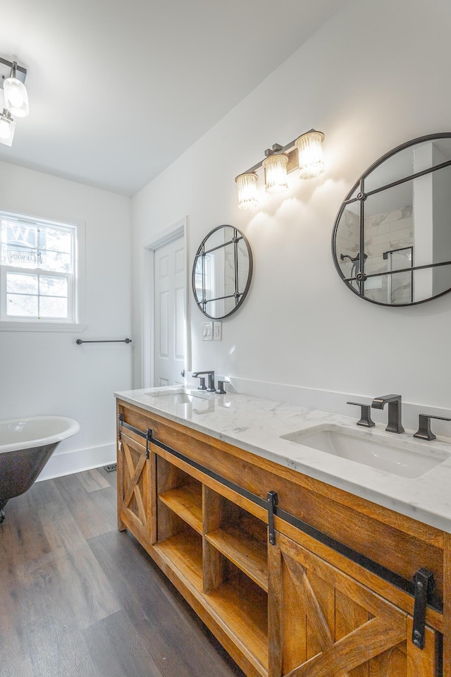 bathroom featuring a bath, vanity, and wood-type flooring