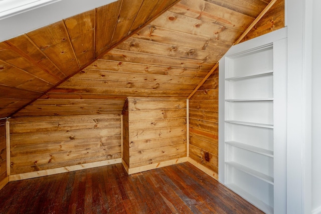 bonus room with built in features, dark wood-type flooring, wooden walls, and wooden ceiling