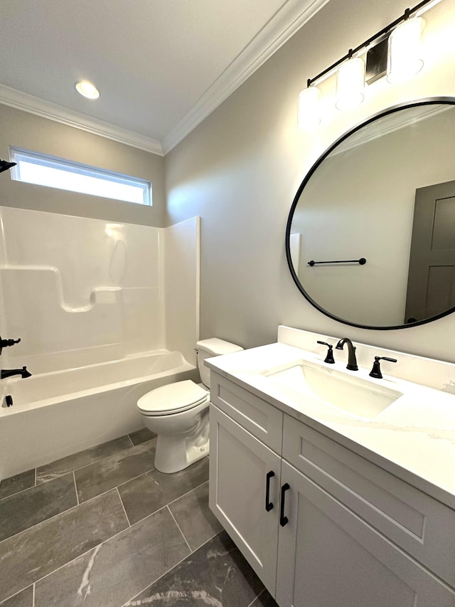 full bathroom featuring vanity, toilet, shower / bathtub combination, and ornamental molding