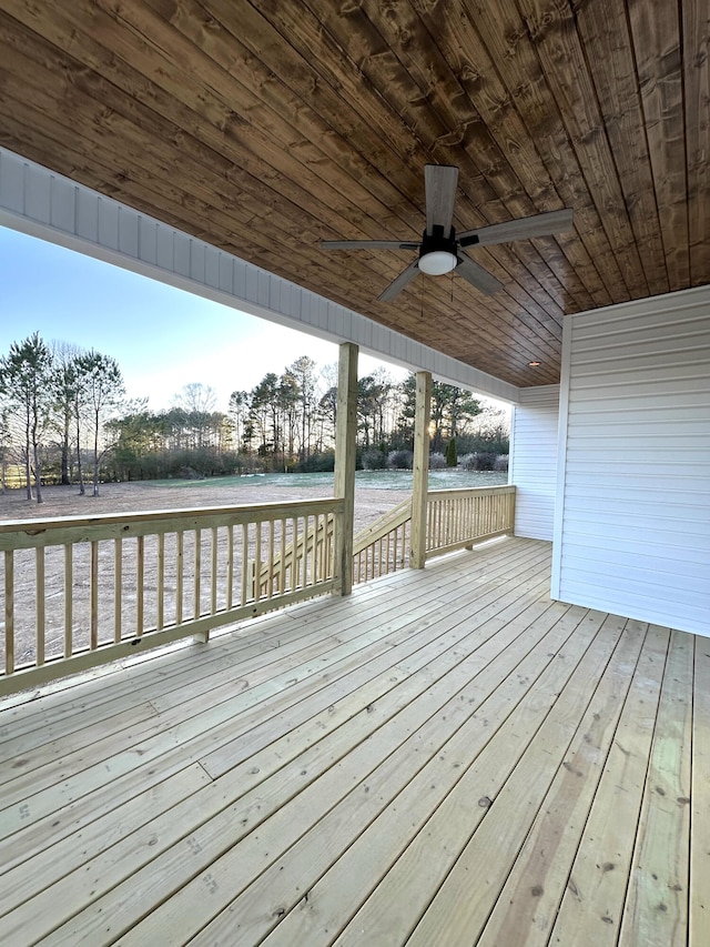 wooden terrace featuring ceiling fan and a water view