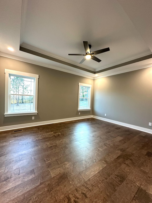 empty room with a raised ceiling, crown molding, ceiling fan, and a healthy amount of sunlight