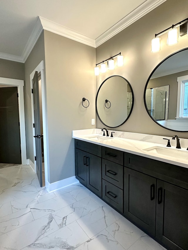 bathroom featuring vanity and ornamental molding