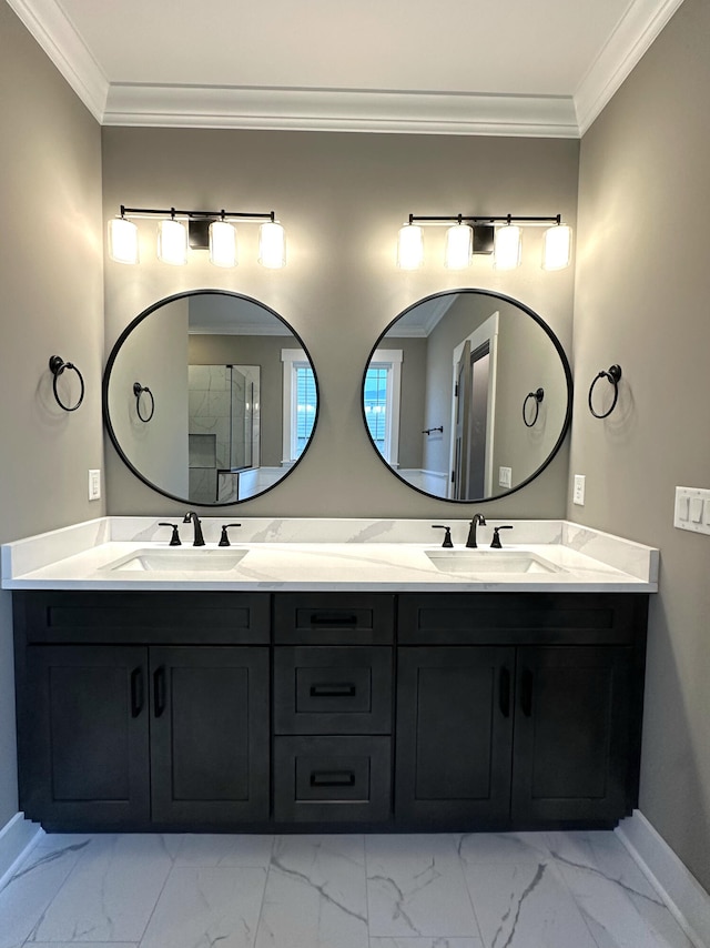 bathroom featuring a shower, crown molding, and vanity