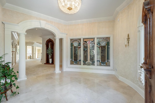 hallway featuring ornate columns, ornamental molding, and a notable chandelier