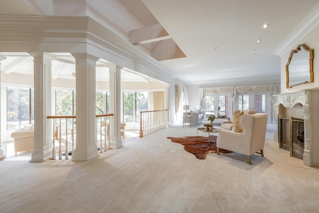 living room featuring light colored carpet and ornamental molding