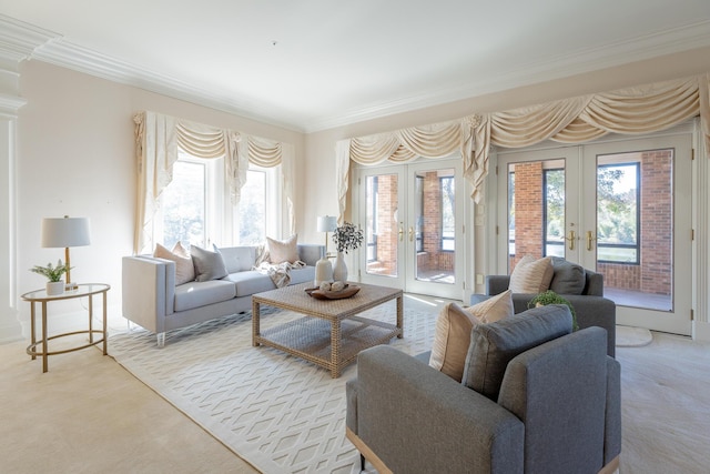 carpeted living room with crown molding and french doors