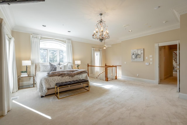 carpeted bedroom with a notable chandelier and ornamental molding