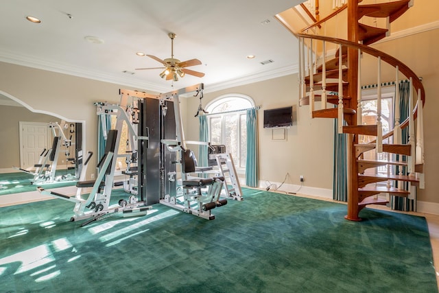 exercise room with carpet floors, crown molding, and ceiling fan