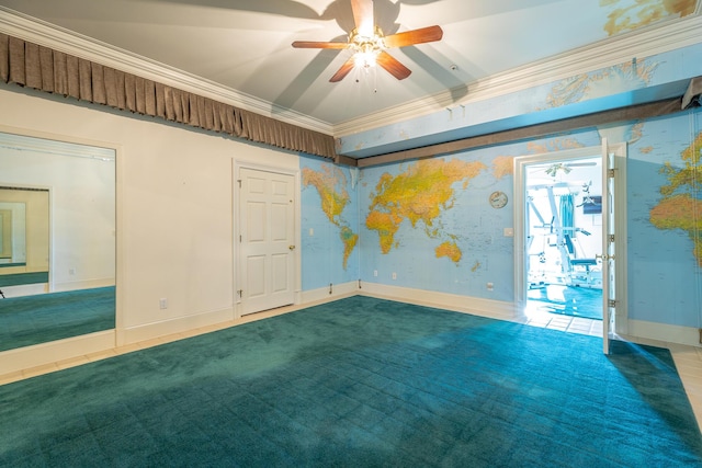 carpeted spare room with crown molding, ceiling fan, and lofted ceiling