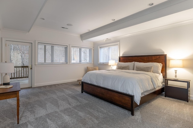 carpeted bedroom featuring access to exterior, visible vents, crown molding, and baseboards