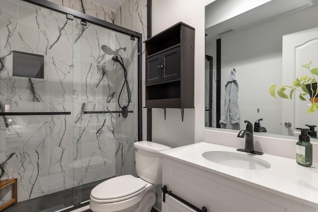 full bathroom with a marble finish shower, visible vents, toilet, and vanity