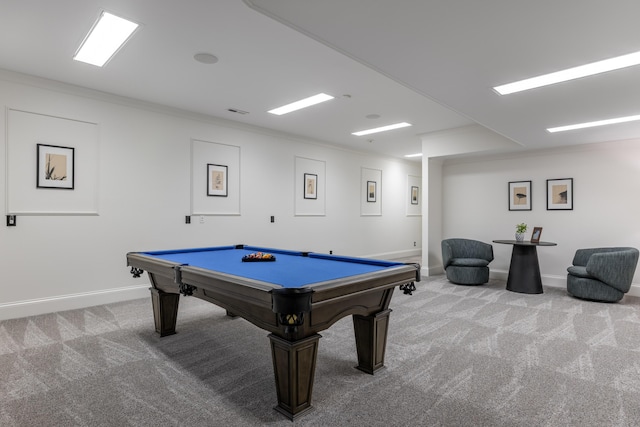 recreation room featuring pool table, baseboards, carpet floors, and ornamental molding