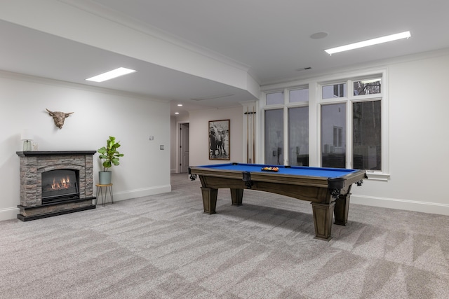 playroom with carpet, baseboards, a fireplace, pool table, and crown molding