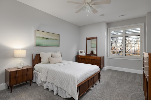 bedroom with visible vents, ceiling fan, baseboards, and carpet floors