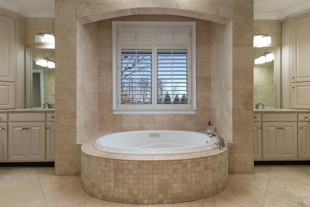 full bath featuring a garden tub and tile walls