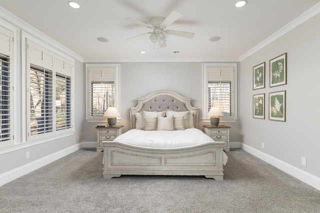 bedroom with carpet flooring, crown molding, and baseboards