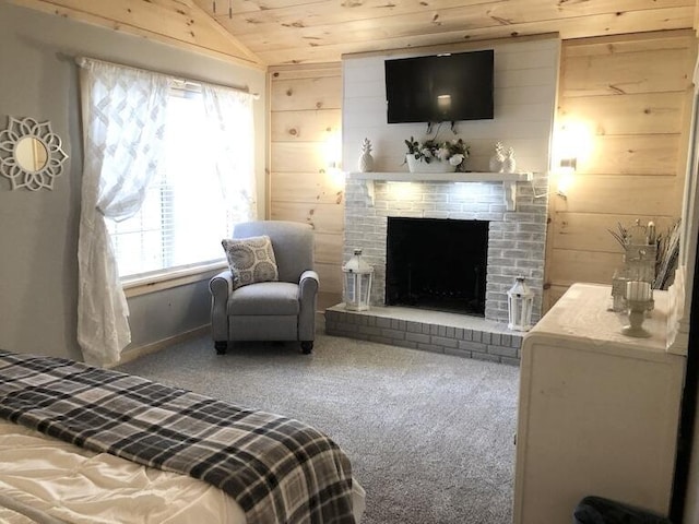 bedroom featuring carpet, wooden ceiling, a fireplace, and wooden walls