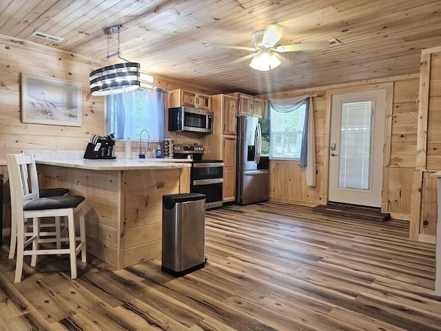 kitchen featuring wooden ceiling, dark hardwood / wood-style floors, pendant lighting, wooden walls, and appliances with stainless steel finishes