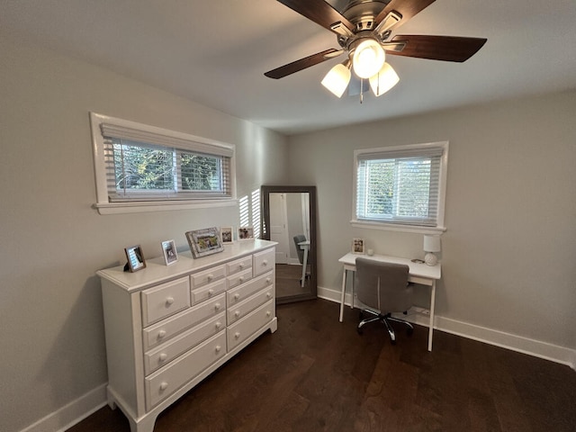 office area with ceiling fan and dark wood-type flooring