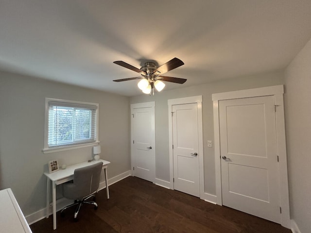 unfurnished office featuring ceiling fan and dark wood-type flooring