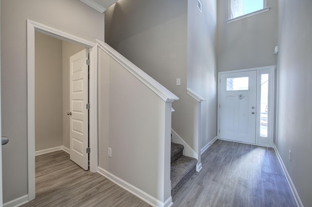 foyer entrance with hardwood / wood-style floors, a towering ceiling, and ornamental molding