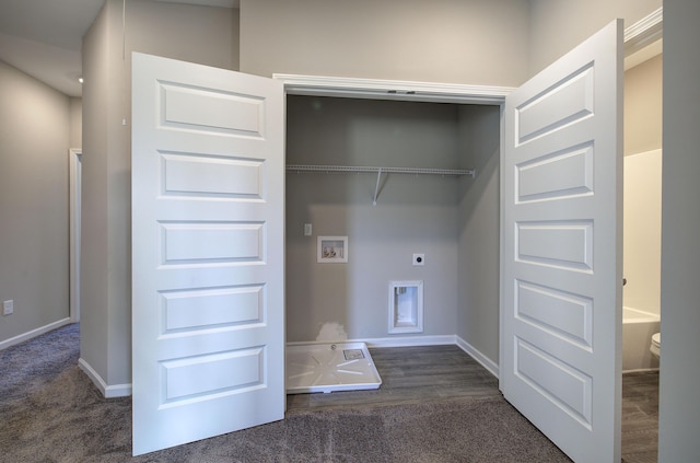 clothes washing area with hookup for an electric dryer, hookup for a washing machine, and dark carpet