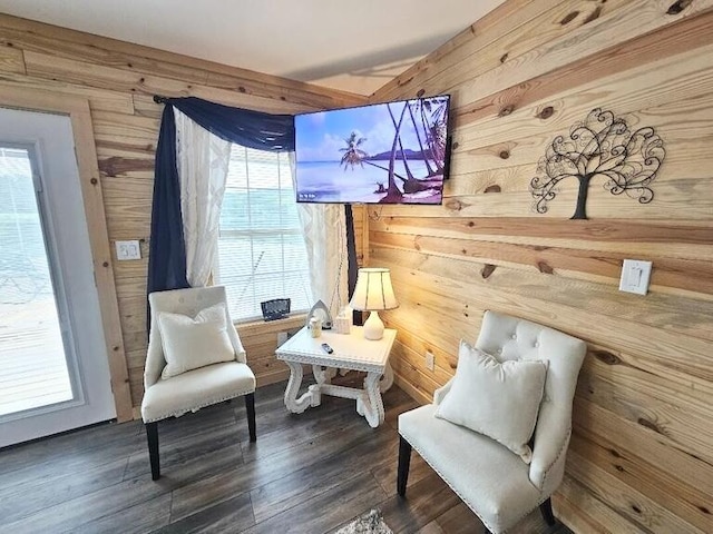 sitting room with wood walls, dark hardwood / wood-style flooring, and a healthy amount of sunlight