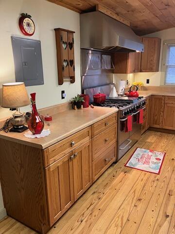 kitchen with wood ceiling, extractor fan, double oven range, electric panel, and light hardwood / wood-style flooring