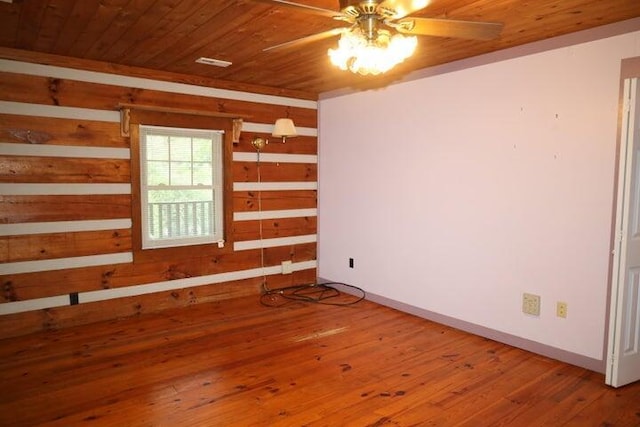 unfurnished room featuring ceiling fan, wood-type flooring, and wood ceiling