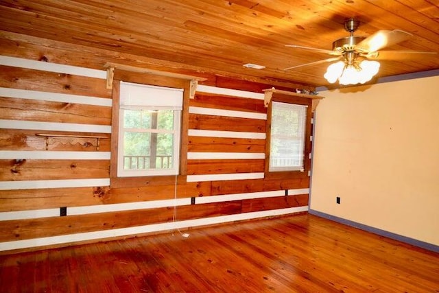 spare room featuring wood ceiling, ceiling fan, and hardwood / wood-style floors