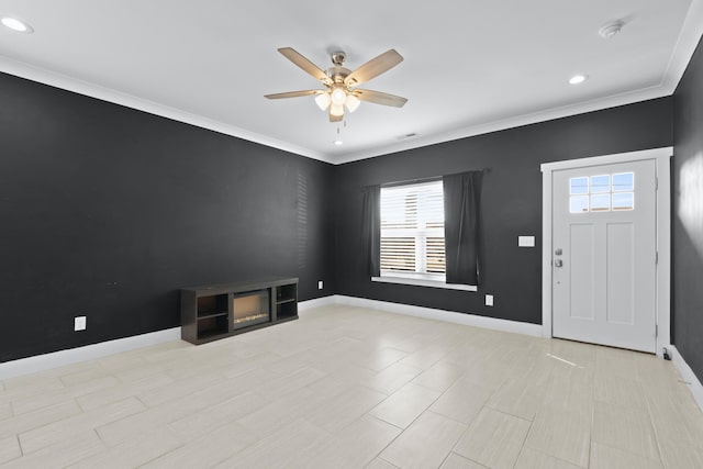 entryway featuring ceiling fan and ornamental molding