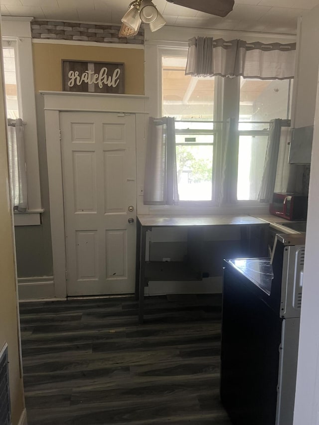 kitchen featuring ceiling fan and dark wood-type flooring