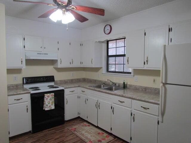 kitchen with white cabinets, ceiling fan, white appliances, and sink