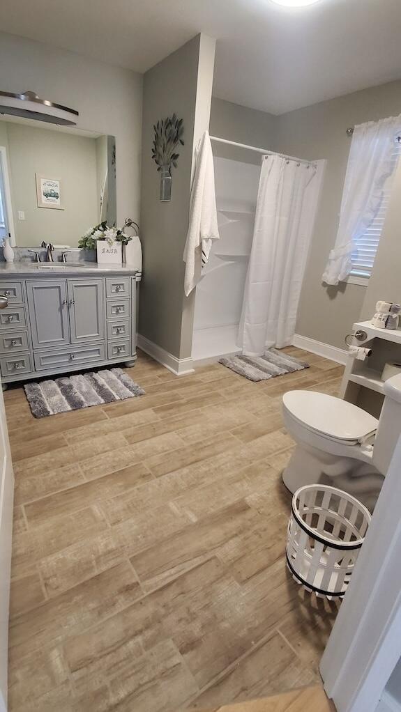 bathroom featuring a shower with shower curtain, vanity, toilet, and wood-type flooring