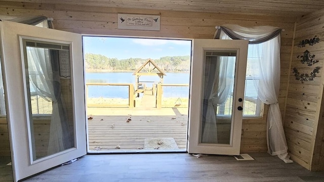 doorway with plenty of natural light, wood walls, and a water view