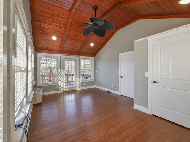 empty room with ceiling fan, lofted ceiling, dark wood-type flooring, and wooden ceiling