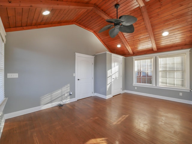 unfurnished room with hardwood / wood-style floors, wooden ceiling, ceiling fan, and lofted ceiling