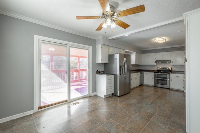 kitchen featuring ceiling fan, stainless steel appliances, crown molding, a textured ceiling, and white cabinets