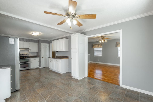 kitchen with white cabinetry, ornamental molding, and appliances with stainless steel finishes