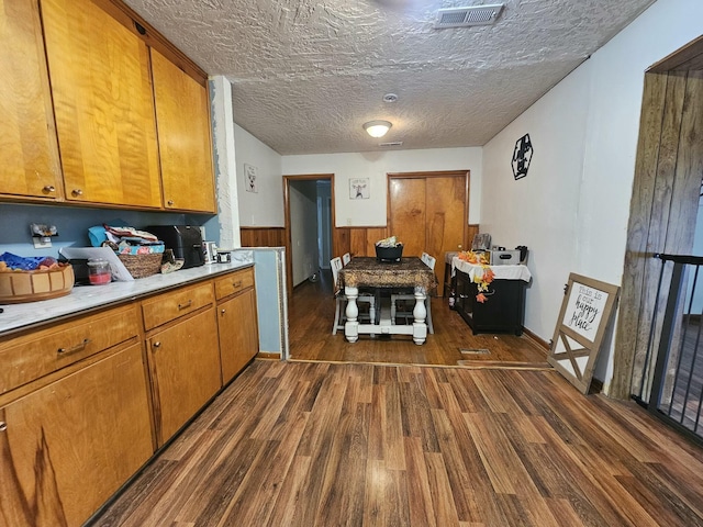 kitchen with dark hardwood / wood-style floors, wood walls, and a textured ceiling